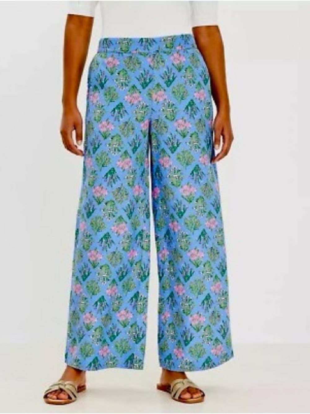 LOFT BLUE FLORAL BOUQUET LINEN WIDE LEG CROP PANTS LARGE